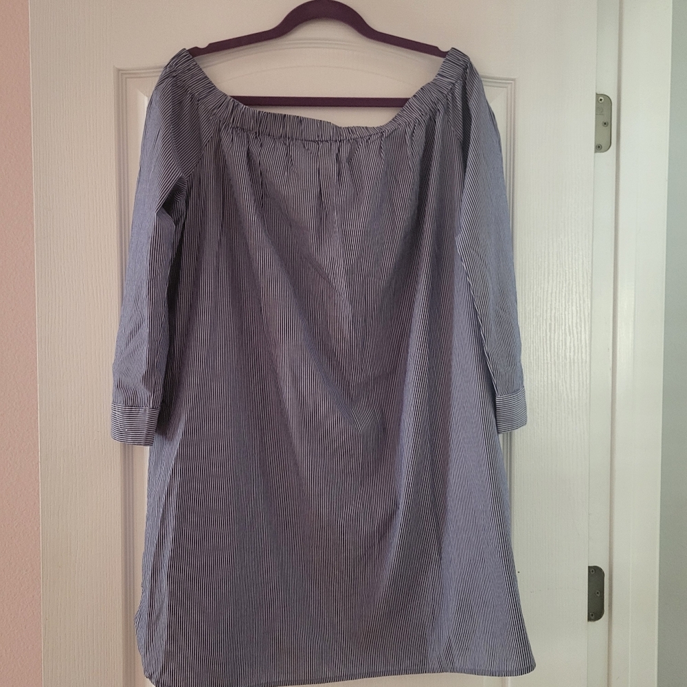 1X blue white pinstripe off shoulder dress NWOT